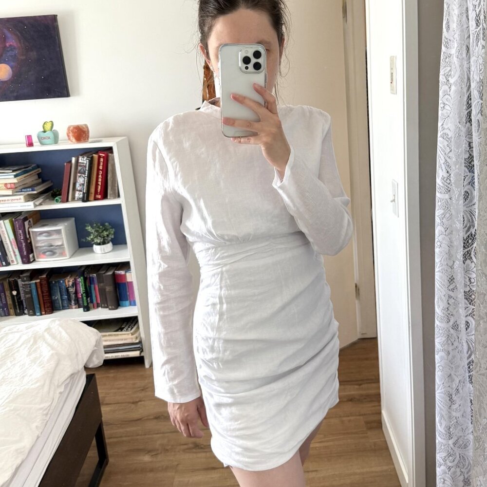 DISSH 100% Linen White Mini Dress Ruched Long Sleeve AU 10 = US 6